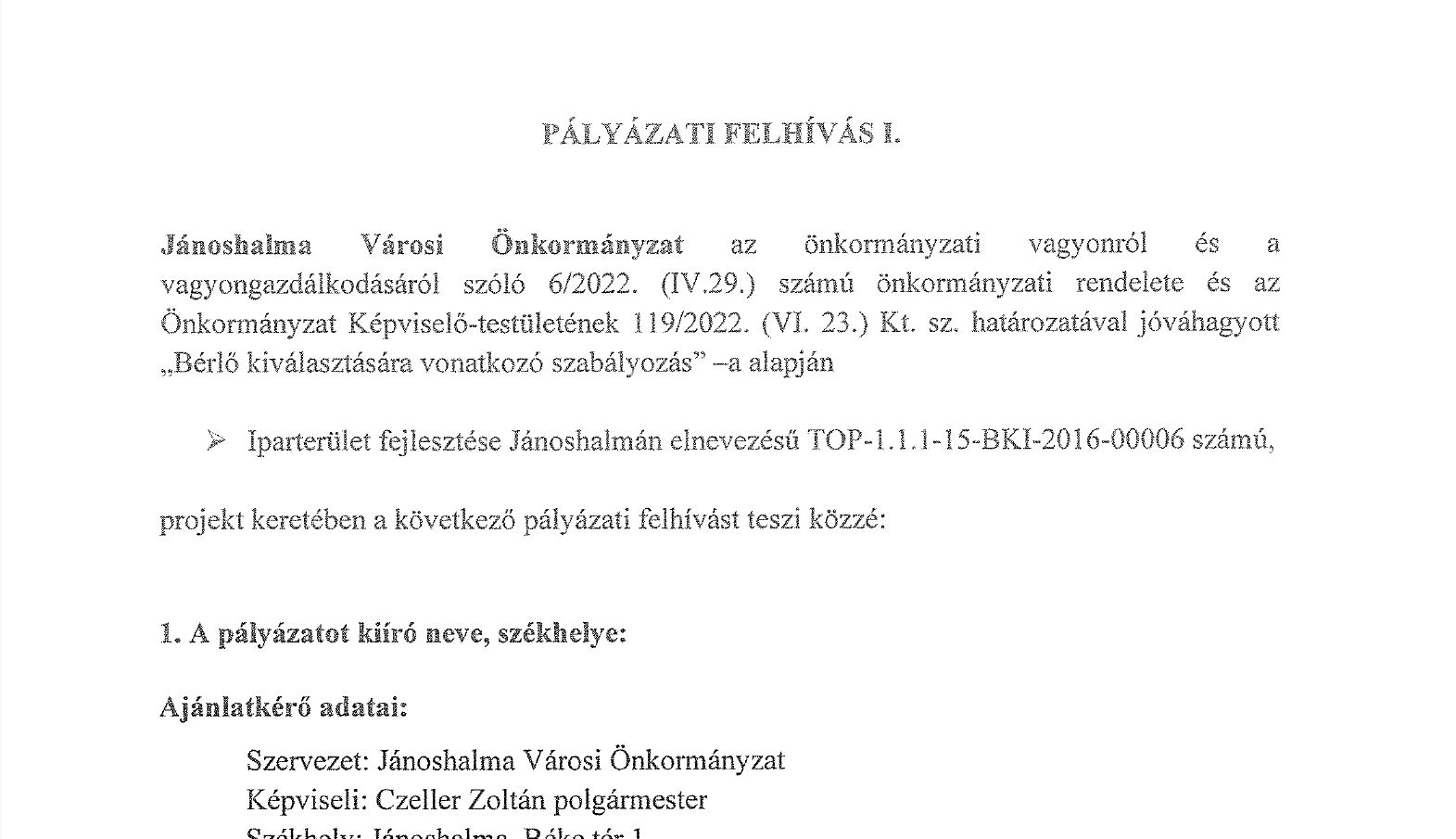 Pályázati felhívás I. - 50m2 terület bérbeadása